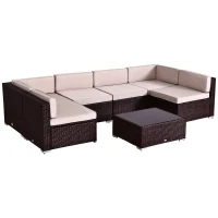 Outsunny 7 Pieces Patio Furniture Set, Outdoor Garden Sofa Set Sectional Set All Weather Rattan Conversation Set, Brown Khaki(m-2)