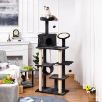 PawHut 67.75" Cat tree Tower Climbing Kitten Activity Center Furniture with Jute Scratching Post Pad Condo Perch Hanging Balls Tunnel Teasing Rope Dark Grey(m-1)