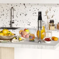 HOMCOM Immersion Hand Blender, 400W 4-in-1 Handheld Stick Blender with Adjustable Speed, 500ml Chopper, Egg Whisk, 800ml Measuring Cup, and Stainless Steel Blades, Silver / Black(m-9)