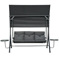 Outsunny 3 Seat Outdoor Swing Chair Steel Swing Bench Porch Swing With Adjustable Canopy & Coffee Tables & Cushion for Patio Garden, Black(m-8)