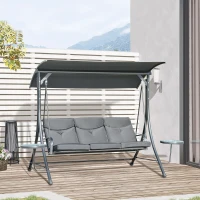 Outsunny 3 Seat Outdoor Swing Chair Steel Swing Bench Porch Swing With Adjustable Canopy & Coffee Tables & Cushion for Patio Garden, Black(m-1)