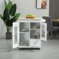 HOMCOM Kitchen Cart, Small Kitchen Island, Rubber Wood Top Utility Trolley on Wheels with 2 Cabinets Storage Drawer Towel Rack for Dining Room, White(m-7)