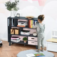 HOMCOM 3-Tier Child Bookcase Open Shelves Cabinet Floor Standing Cube Storage Organizer with Drawers - Pink(m-2)