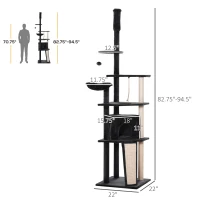 PawHut Huge Cat Tree Floor to Ceiling Adjustable 82.75"-94.5" Activity Center High Kitten Multi-Level Condo with Scratching Post Pad Hammock Hanging Ball Jute Dark Grey(m-3)