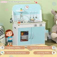 Qaba Wooden Play Kitchen, Kids Kitchen Playset with Sound Effects and Lights, Children's Imaginative Pretend Toy with Faucet Clock, 3-6 Years Old, Blue(m-6)
