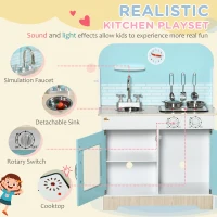 Qaba Wooden Play Kitchen, Kids Kitchen Playset with Sound Effects and Lights, Children's Imaginative Pretend Toy with Faucet Clock, 3-6 Years Old, Blue(m-4)