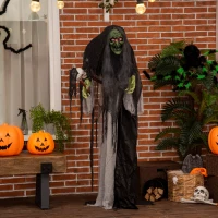 Outsunny 65" Life Size Outdoor Halloween Decorations Green Witch with Skull, Animated Prop Animatronic Décor with  Sound and Motion Activated, Light Up Eyes, Spooky Scream Sound(m-9)