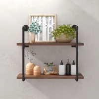 HOMCOM 2-Tier Industrial Pipe Shelves, Floating Wall Mounted Bookshelf, Metal Frame Display Rack for Living Room or Bedroom, Rustic Brown(m-2)