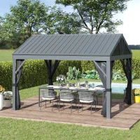 Outsunny 12' x 10' Hardtop Gazebo Steel Canopy Outdoor Pergola with Netting and Aluminum Frame for Patios, Gardens, Lawns, Dark Grey(m-1)