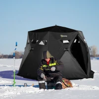 Outsunny 4 Person Insulated Ice Fishing Shelter, 360-Degree View, Pop-Up Portable Ice Fishing Tent with Carry Bag, Two Doors and Anchors for Low-Temp -22℉, Black(m-2)