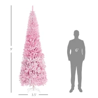 HOMCOM 9 FT Snow Flocked Artificial Christmas Tree, Pencil Xmas Tree with Realistic Branches, Auto Open and Steel Base, Pink(m-3)