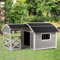 PawHut Outdoor Dog House Cabin Style, Wooden Raised Dog Shelter with Asphalt Roof, Front Door, Side Window, Porch for Medium to Large Dogs, Gray(m-2)