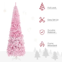 HOMCOM 9 FT Snow Flocked Artificial Christmas Tree, Pencil Xmas Tree with Realistic Branches, Auto Open and Steel Base, Pink(m-4)