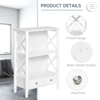 kleankin X- Frame Freestanding Floor Bathroom Storage with Two Drawers, Storage Organizer, Cabinet with 3 Shelves, White(m-4)
