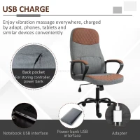 Vinsetto High Back Office Chair with 2-Point Lumbar Massage, USB Power, Faux Leather, and Linen Fabric, Brown/Grey(m-4)