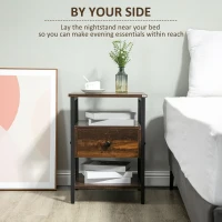 HOMCOM Industrial Nightstand, Bedside Table with Drawer and Storage Shelves, Side End Table with Steel Frame for Bedroom, Rustic Brown(m-4)