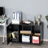 HOMCOM Wood Rolling File Cabinet Storage Organizer with 3 Large Open Shelves and Door Cabinet Door for Easy Storage and Mobility, Black(m-9)