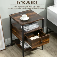 HOMCOM Industrial Nightstand, Bedside Table with Drawer and Storage Shelves, Side End Table with Steel Frame for Bedroom, Rustic Brown(m-5)