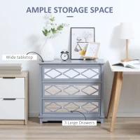 HOMCOM 3 Drawers Dresser with Mirror Panels, Chest of Drawers for Bedroom, Storage Cabinet for Bathroom Living Room, Entryway, Grey(m-4)