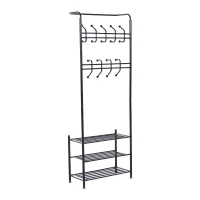 HOMCOM Heavy Duty 2-In-1 Metal Coat Stand, Coat Hanger, Shoe Rack Entryway Hall Tree with 3 Tier Shelves,18 Hooks, Black(m-9)