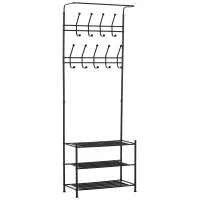 HOMCOM Heavy Duty 2-In-1 Metal Coat Stand, Coat Hanger, Shoe Rack Entryway Hall Tree with 3 Tier Shelves,18 Hooks, Black(m-2)