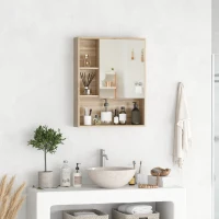 Kleankin Wall-Mounted Wooden Storage Bathroom Medicine Cabinet with Mirror Glass Door Adjustable Open Shelf - Oak(m-8)