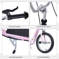HOMCOM Youth Scooter Adult Teen Kick Scooter Kids Children Stunt Scooter Bike Bicycle Ride On 16" Pneumatic Tyres (Pink)(m-6)