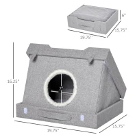 PawHut Cat House Foldable Kitten Cave 2 In 1 Design Condo Pet Bed with Soft Removable Washable Cushions Scratching Pad Suitcase Style Easy to Carry Grey(m-3)