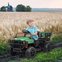 Aosom 12V Kids Ride-on Car Electric Truck Pickup Toy with Parent Remote Control and Trailer, MP3/USB Input for Music, Green(m-10)