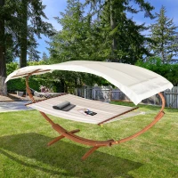 Outsunny 13' Wooden Arc Hammock with Canopy, Outdoor Hammock, Single Bed with Modern Curved Stand for Patio Backyard, Comfortable Polyester Fabic and Steel, White(m-5)