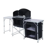 Outsunny Aluminum Portable Camping Kitchen Folding Outdoor Cooking Table With Windscreen and 3 Enclosed Cupboards for BBQ, Party, Picnics, Backyards(m-2)