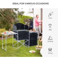 Outsunny Aluminum Portable Camping Kitchen Folding Outdoor Cooking Table With Windscreen and 3 Enclosed Cupboards for BBQ, Party, Picnics, Backyards(m-7)