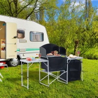 Outsunny Aluminum Portable Camping Kitchen Folding Outdoor Cooking Table With Windscreen and 3 Enclosed Cupboards for BBQ, Party, Picnics, Backyards(m-1)