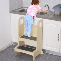 Qaba Toddler Tower Kitchen Helper for Children with 2 Non-Slip Steps and Support Handles - Natural(m-9)