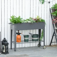 Outsunny 43" x 17" x 32" Raised Garden Bed Elevated with Wheels, Metal Elevated Planter Box with Bottom Shelf for Storing Tools & Water Drainage Hole, Grey(m-7)