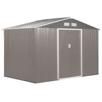Outsunny 9' x 6' Outdoor Backyard Metal Garden Utility Storage Shed Garage Steel Tool Kit House with Sliding Door - Gray/White(m-1)