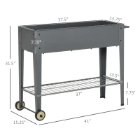 Outsunny 43" x 17" x 32" Raised Garden Bed Elevated with Wheels, Metal Elevated Planter Box with Bottom Shelf for Storing Tools & Water Drainage Hole, Grey(m-3)