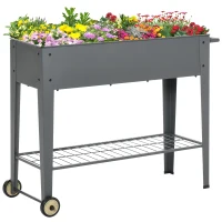Outsunny 43" x 17" x 32" Raised Garden Bed Elevated with Wheels, Metal Elevated Planter Box with Bottom Shelf for Storing Tools & Water Drainage Hole, Grey(m-1)
