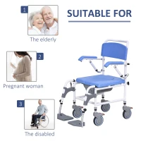 HOMCOM Accessibility Commode Wheelchair, Rolling Shower Wheelchair with 4 Castor Wheels, Rectangle Detachable Bucket, & Waterproof Design, 17" Seat Width, Blue(m-7)