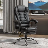 HOMCOM High Back Ergonomic Executive Office Chair, PU Leather Computer Chair with Retractable Footrest, Lumbar Support, Padded Headrest and Armrest, Black(m-10)