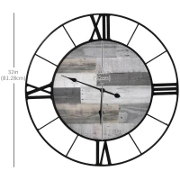 HOMCOM 32 Inch Large Wall Clock, Silent Non Ticking Metal Roman Numeral Industrial Oversized Clocks for Living Room Decor, Battery Operated, Easy to Read, Black and Wood Grain(m-3)