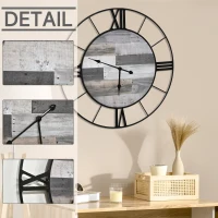 HOMCOM 32 Inch Large Wall Clock, Silent Non Ticking Metal Roman Numeral Industrial Oversized Clocks for Living Room Decor, Battery Operated, Easy to Read, Black and Wood Grain(m-4)