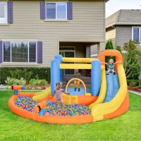 Outsunny 5-in-1 Kids Inflatable Bounce House Jumping Castle with Water Pool, Slide, Climbing Walls & 2 Water Guns(m-10)