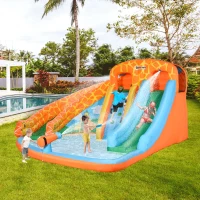 Outsunny Giraffe Style Kids Inflatable Water Slide 4 in 1 Bounce House Slide Pool Gun Climbing Wall with 750W Air Blower for Summer Playland(m-9)