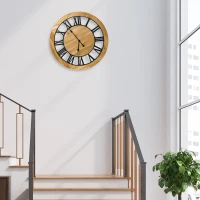 HOMCOM 30 Inch Large Wall Clocks for Home Decor, Silent Non Ticking Decorative Roman Numerals Oversized Clocks Battery Operated for Living Room Bedroom Kitchen, Black and Natural Wood Colour(m-7)