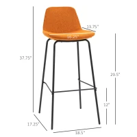 HOMCOM 29.5" Bar Stools Set of 2, Upholstered Extra Tall Barstools, Armless Bar Chairs with Back, Steel Legs, Orange(m-3)