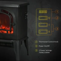 HOMCOM 18" Electric Fireplace Stove, Freestanding Fireplace Heater with Realistic LED Flame, Adjustable Temperature, Overheat Protection, 750W/1500W, Black(m-6)