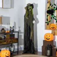 Outsunny 74" Life Size Outdoor Halloween Decorations Talking Zombie Witch, Animated Prop with Sound and Motion Activated Light Up Eyes and Multicolored Crystal Ball, Green(m-10)