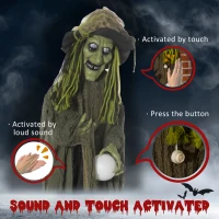Outsunny 74" Life Size Outdoor Halloween Decorations Talking Zombie Witch, Animated Prop with Sound and Motion Activated Light Up Eyes and Multicolored Crystal Ball, Green(m-5)