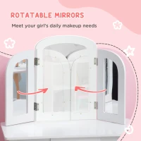 Qaba Kids Vanity Table & Chair Set, Girls Dressing Set, Make Up Desk with Tri-folding Mirrors, Drawer, White(m-5)